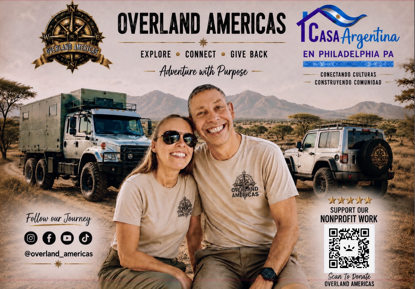 Daniel and Analia with the Overland Americas expedition truck and Jeep. Explore, connect, give back. Adventure with purpose, supporting Casa Argentina en Philadelphia.
